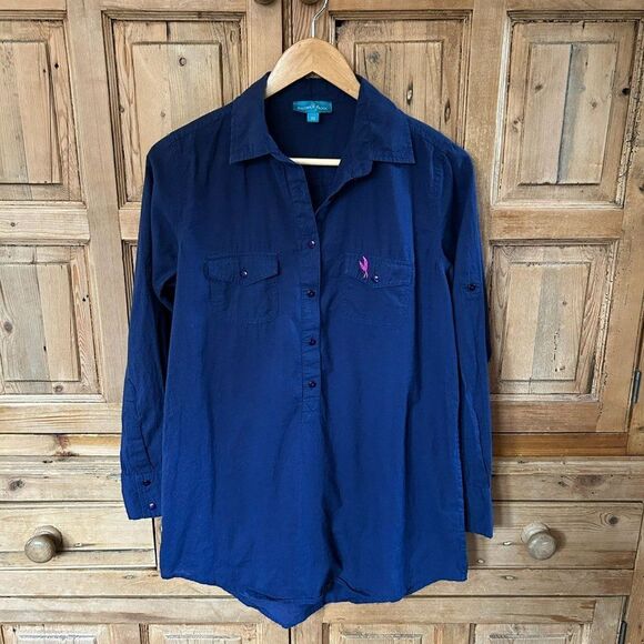 Southern Frock XS Navy Blue Long Sleeve Half Button Blouse‎ Lightweight Tunic - Picture 1 of 9